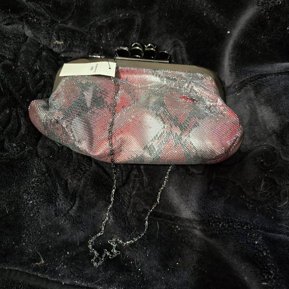 Elegant Red and Black Clutch with Metal Frame